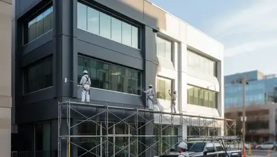 Professional commercial painters working on office exterior in Worcester, MA