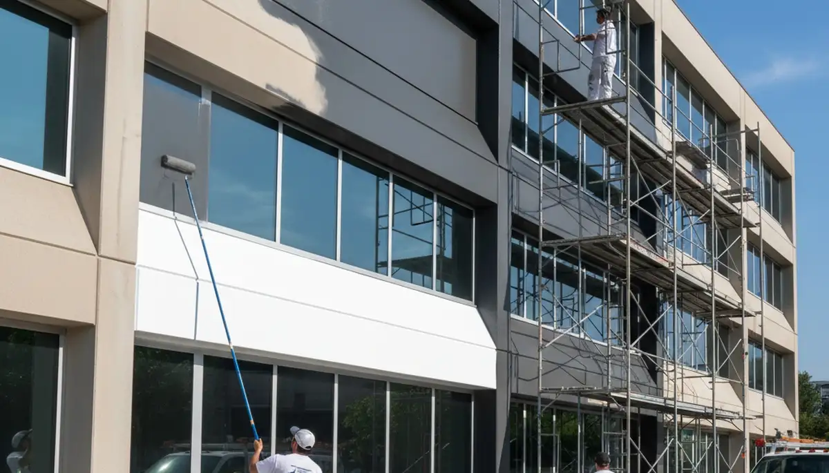 Professional commercial painters coating office exterior in Worcester, MA