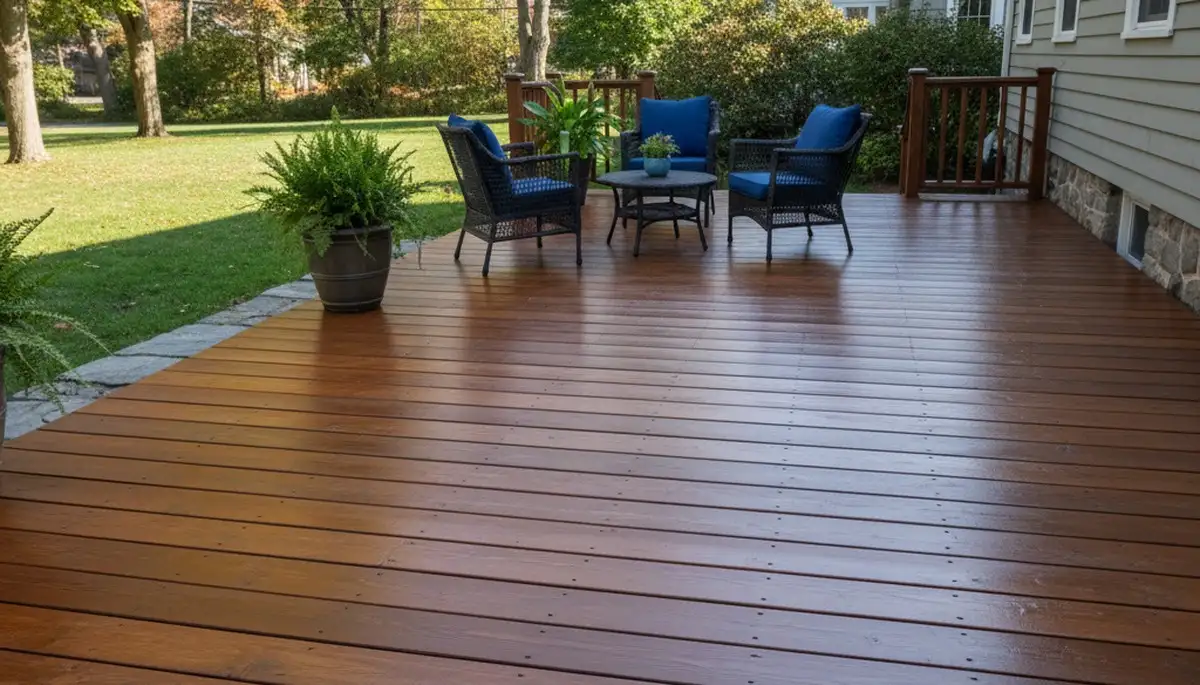 Finished deck staining in Worcester MA showing protected wood grain and weather-resistant finish