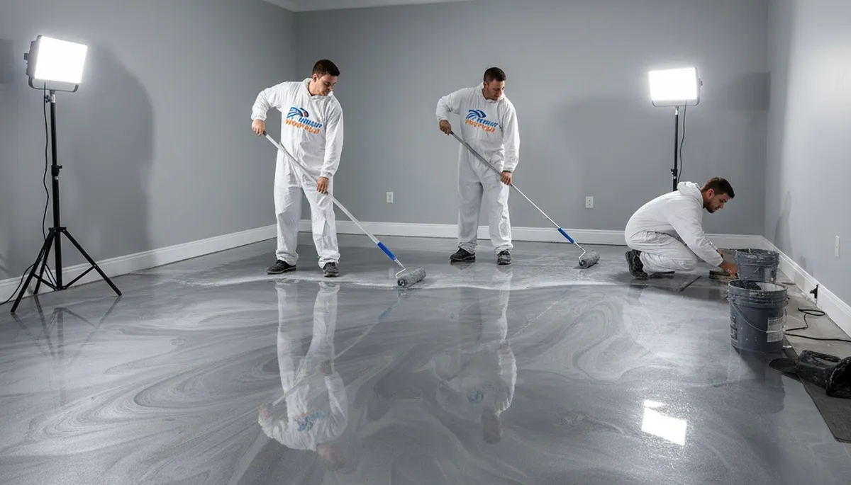 Professional epoxy floor coating in Worcester MA garage by local house painting contractors