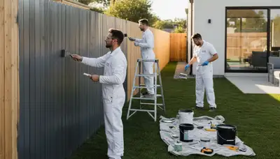 Professional fence painters applying weather-resistant finish in Worcester, MA backyard