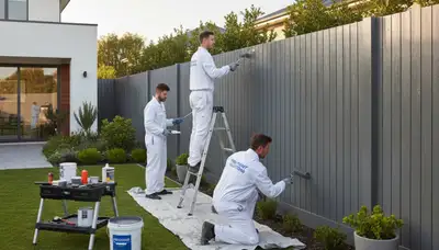Professional fence painters in Worcester MA applying weather-resistant exterior paint finish