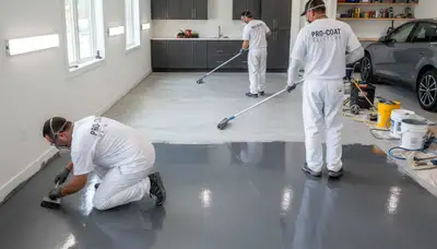 Epoxy garage floor coating in Worcester MA by local painting contractors for durable concrete protection