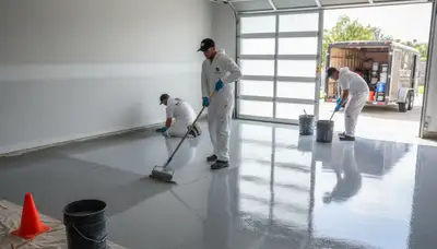 Epoxy garage floor coating in Worcester MA by professional house painters protecting concrete surfaces