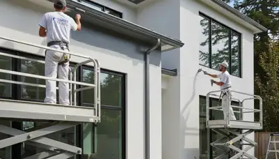 Professional gutter painting on a Worcester MA home by expert house painters for durable exterior finish