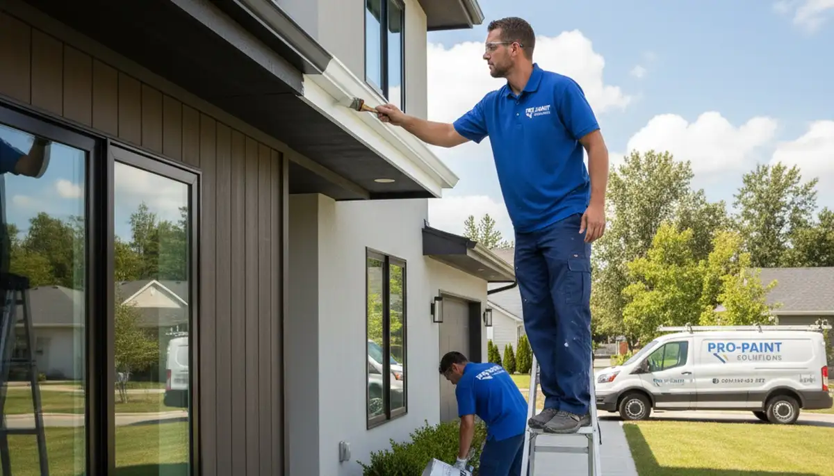 Professional gutter painting on a Worcester MA home by expert house painters for durable weather protection