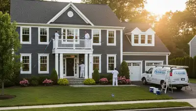 Professional house painters working on residential exterior in Worcester MA