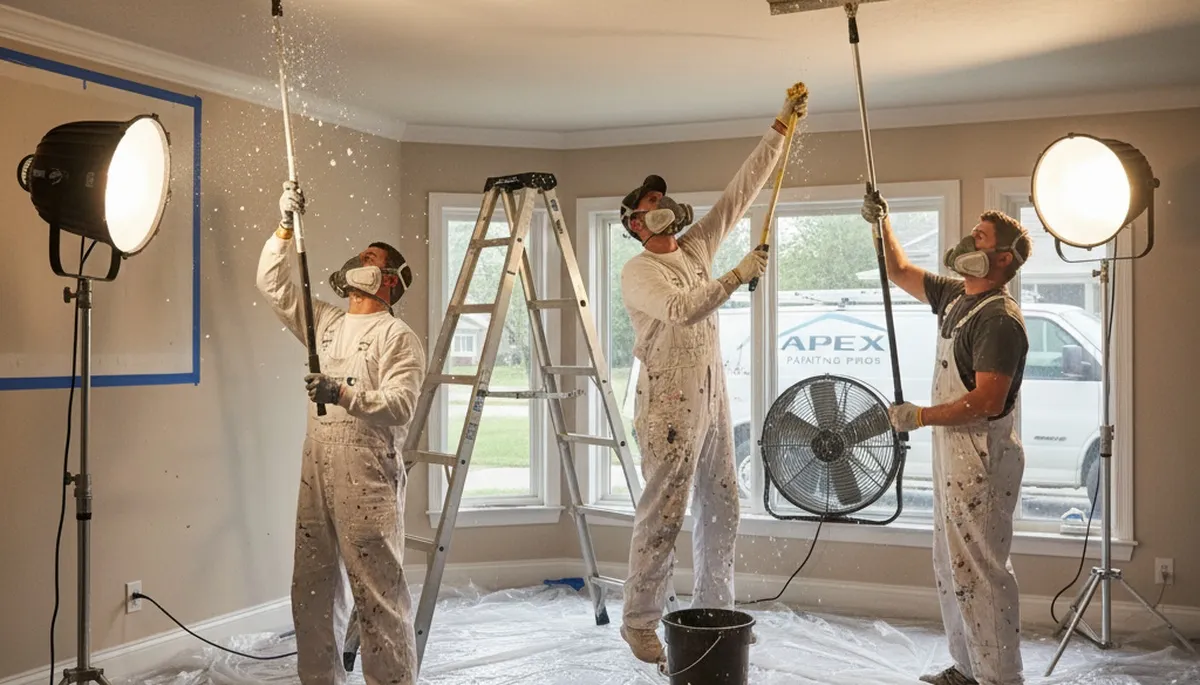 Professional popcorn ceiling removal in Worcester MA by expert house painters for smooth modern ceilings