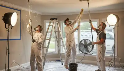 Professional popcorn ceiling removal in Worcester MA by expert house painters for smooth modern ceilings