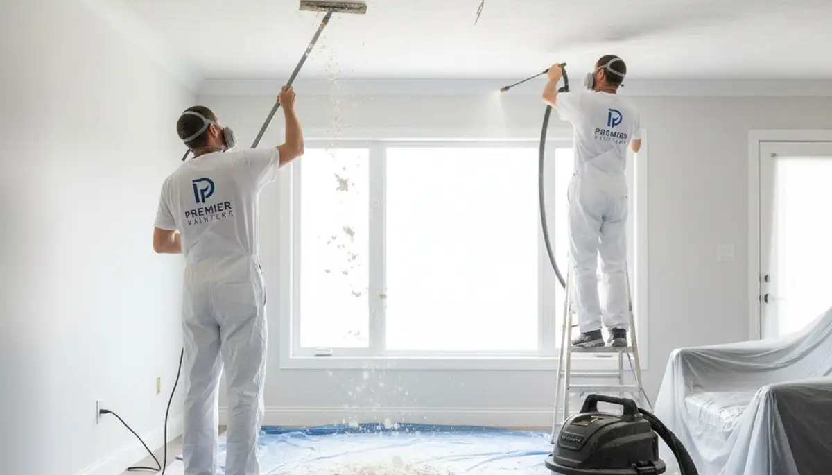 Professional popcorn ceiling removal in Worcester MA home by expert painting contractors