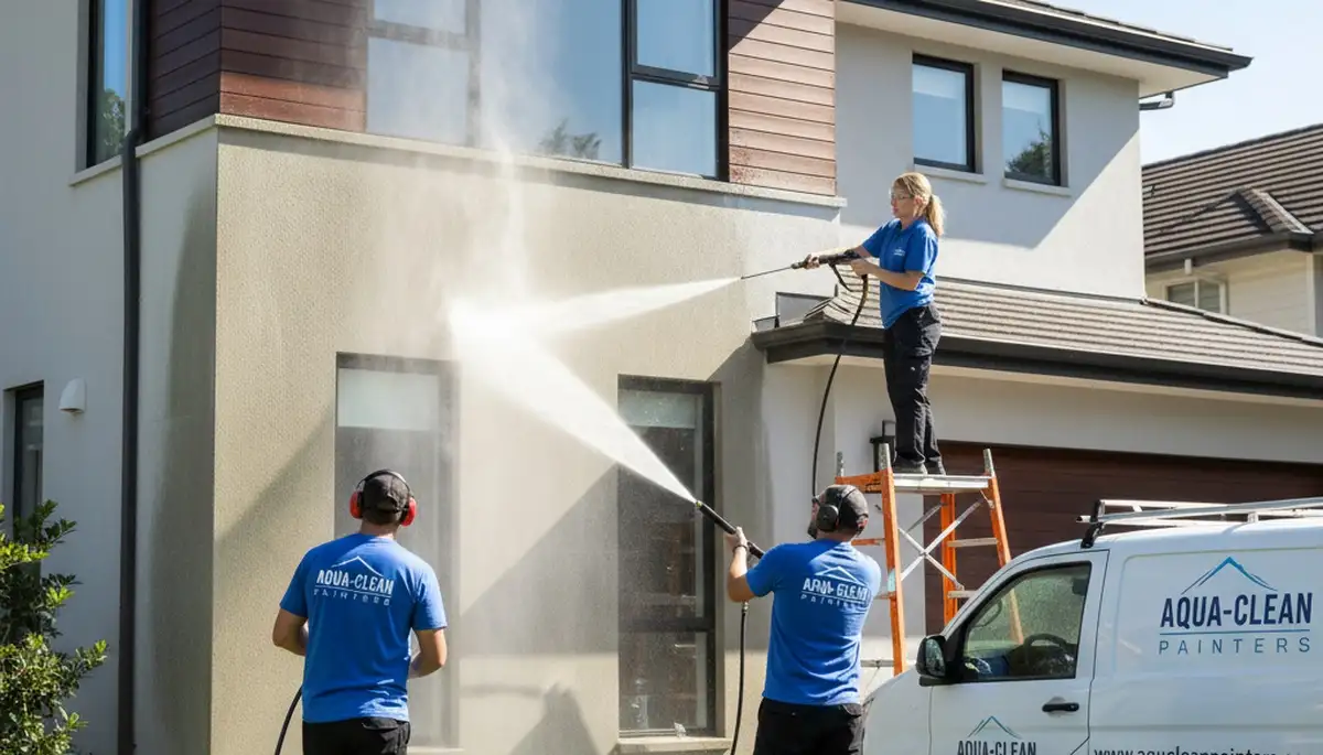 Professional pressure washing a home exterior in Worcester, MA by local house painting contractors