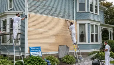Painter sanding exterior siding during surface prep for long-lasting results in Worcester, MA