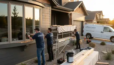 Painter repairing exterior wood rot on Worcester MA home siding during carpentry restoration service
